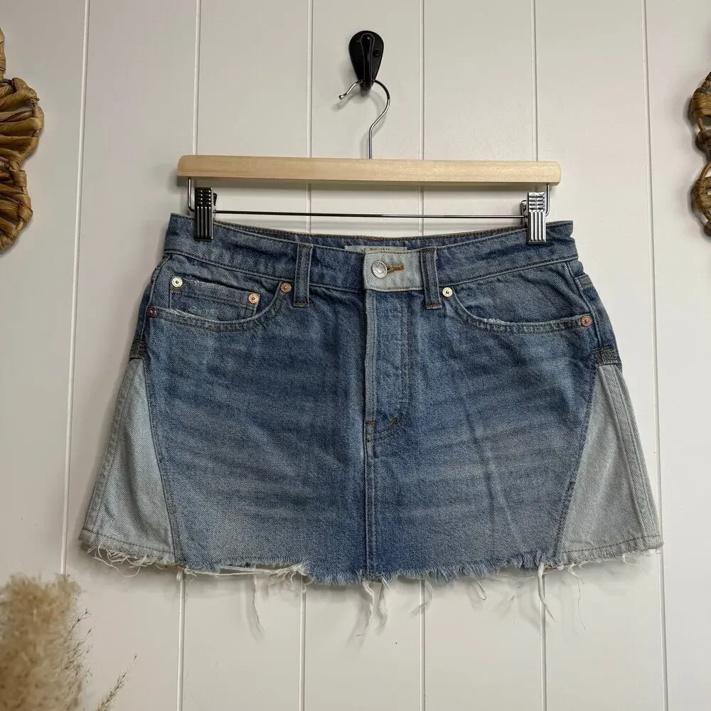 Free People mini skirt denim patched boho summer casual 26